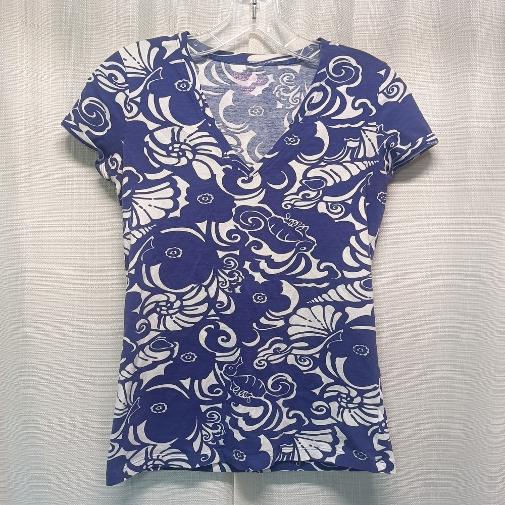 Lilly Pulitzer Purple White Sea Shell Print V-Neck Short Sleeve Top XS Casual